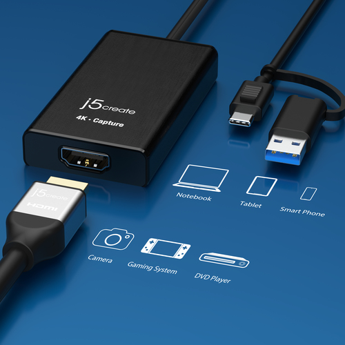 j5create JVA11-N 4K HDMI™ Capture Adapter. Product colour: Black, Host interface: USB 3.2 Gen 1 (3.1 Gen 1), Video capture