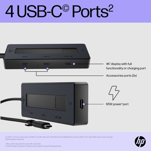 HP USB-Typ C Docking Station für Notebook - Tragbar - 4K - 3840 x 2160 - 4 x USB-Anschlüsse - 4 x USB Typ-C-Anschlüsse - U