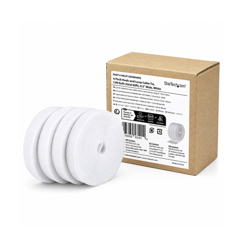 StarTech.com 4er-Pack 4,6 m Klettband-Großrollen, 12,7 mm breit, Weiß, zuschneidbar, wiederverwendbare Kabelbinder, Klettv