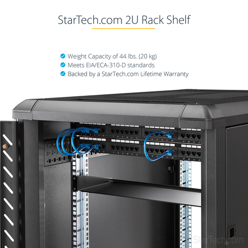 StarTech.com 2HE 19 Zoll Fachboden für Netzwerkschrank, Freitragendes Serverschrank boden/rack ablage, Tragkraft 20kg, 16"