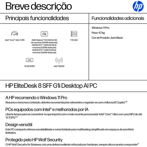 HP EliteDesk 8 G1i Computador secretária - Intel Core Ultra 7 2ª geração 265 - Tecnologia vPro - 16 GB - 1 TB PCI Express 