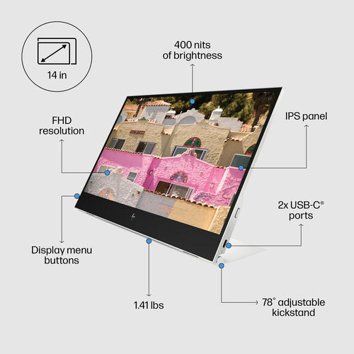 HP E-Series E14 G4 Portable Monitor. Display diagonal: 35.6 cm (14"), Display resolution: 1920 x 1080 pixels, HD type: Ful