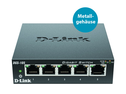 D-Link DGS-105. Switch type: Unmanaged. Basic switching RJ-45 Ethernet ports quantity: 5. Full duplex. MAC address table: 