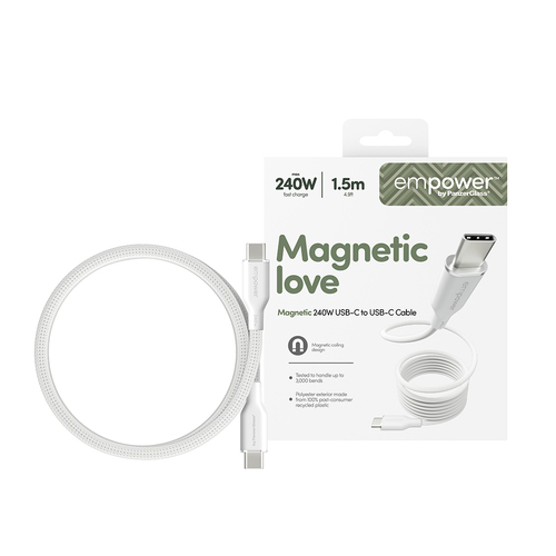 PanzerGlass empower™ by ® Magnetic 240W USB-C to USB-C Cable | USB 2.0 | 1.5M | Silver White. Product colour: White