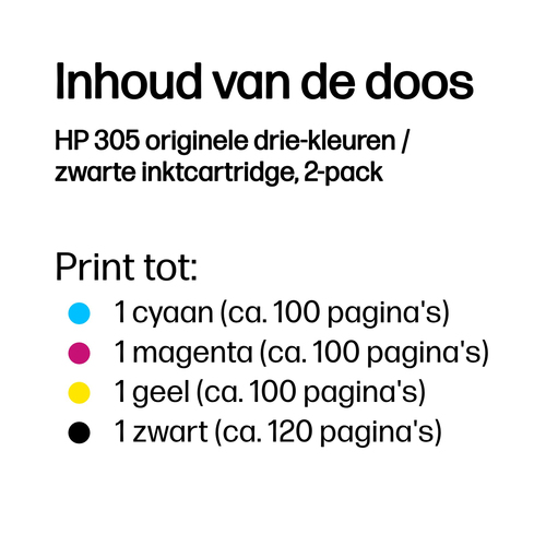 HP 305 2-Pack Tri-color/Black Original Ink Cartridge. Colour ink type: Dye-based ink, Cartridge capacity: Standard Yield, 