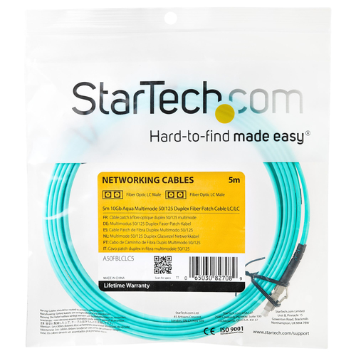 StarTech.com A50FBLCLC5. Kabellänge: 5 m, Lichtleitertyp: OM3, Anschluss 1: LC, Anschluss 2: LC, Lochdurchmesser: 50 µm, V