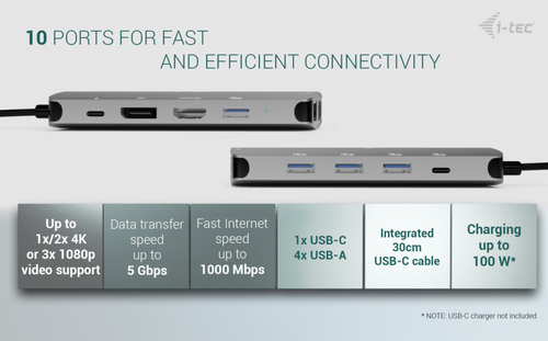 i-tec 10 Port(s) USB Type C Docking Station for Monitor, Notebook, Tablet PC, Workstation - Charging Capability - 3 Displa