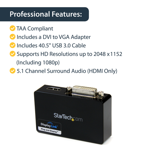 StarTech.com USB 3.0 to HDMI and DVI Dual Monitor External Video Card Adapter - USB 3 to HDMI and DVI 2048x1152 - 1 x 9-pi
