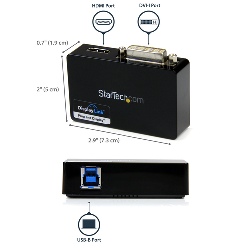 StarTech.com USB 3.0 to HDMI and DVI Dual Monitor External Video Card Adapter - USB 3 to HDMI and DVI 2048x1152 - 1 x 9-pi