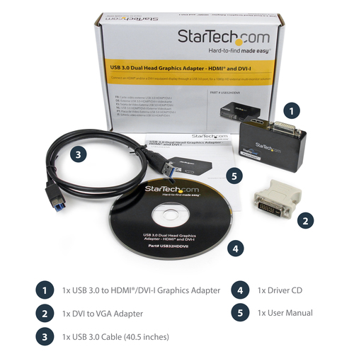 StarTech.com USB 3.0 to HDMI and DVI Dual Monitor External Video Card Adapter - USB 3 to HDMI and DVI 2048x1152 - 1 x 9-pi