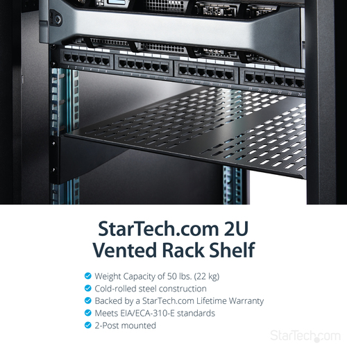 StarTech.com 2 HE Fest montierter Fachboden für Server Rack/ Schrank bis 22 Kg - 55 cm Tief - belüftet - 22,68 kg Static/S