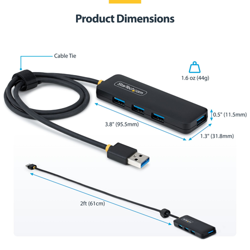 StarTech.com 4-Port USB-A Hub, 5Gbps, Bus Powered, USB-A to 4x USB-A Mini Hub, Extra Long 2ft/61cm Host Cable, 70% PCR Pla