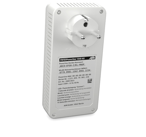 Powerline 1240 AX WLAN Set. Maximum data transfer rate: 1200 Mbit/s, Networking standards: IEEE 802.11ac, Power plug: Type