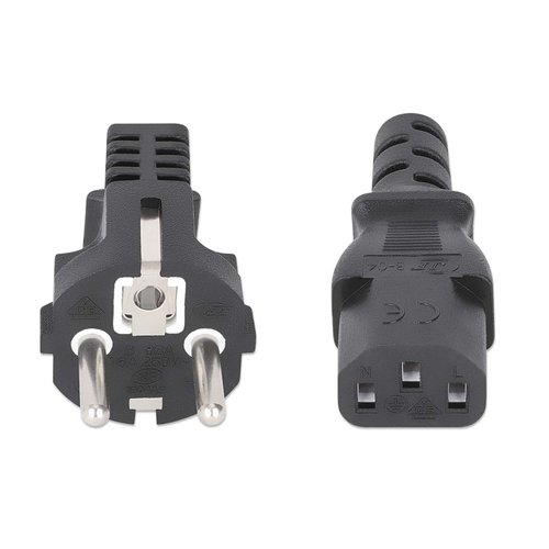 Manhattan Mains Power Cord/Cable, Euro 2-pin plug (CEE 7/4 Schuko) to C13 Female (kettle lead), 1m, 10A, Black, Lifetime W
