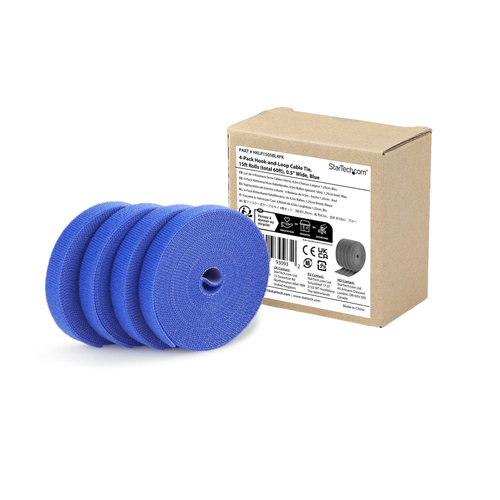 StarTech.com 4er-Pack 4,6 m Klettband-Großrollen, 12,7 mm breit, Blau, zuschneidbar, wiederverwendbare Kabelbinder, Klettv