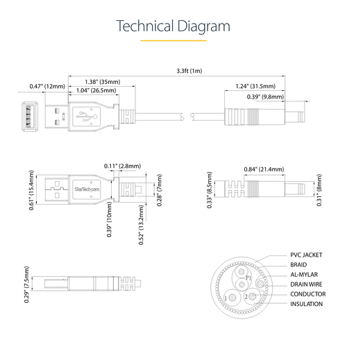 StarTech.com USB2TYPEN1M. Kabellänge: 1 m, Anschluss 1: USB A, Anschluss 2: Barrel type N