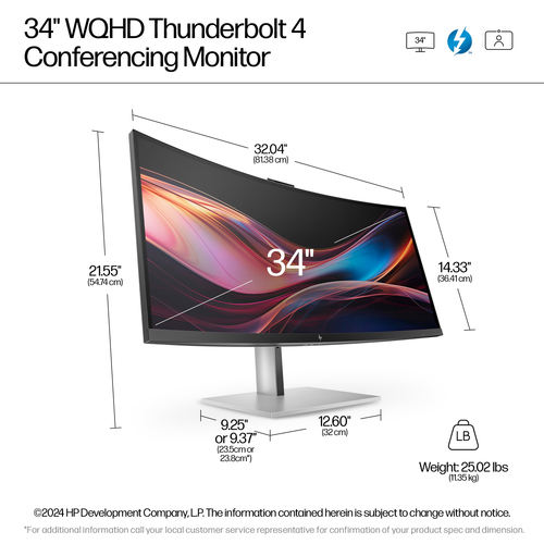 HP Series 7 Pro 34 inch WQHD Conferencing Monitor - 734pm. Display diagonal: 86.4 cm (34"), Display resolution: 3440 x 144