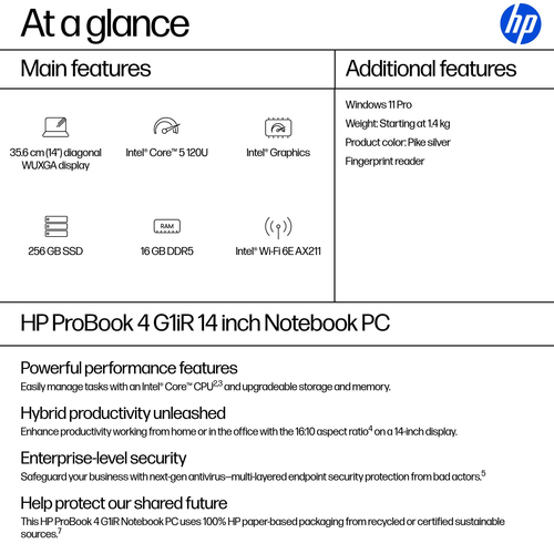 HP ProBook 4 G1iR 35.6 cm (14"") Notebook - WUXGA - 60 Hz - Intel Core 5 120U - 16 GB - 256 GB SSD - Pike Silver - Intel C