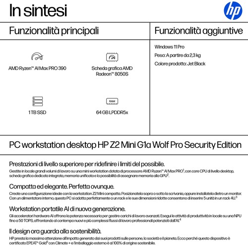 Workstation HP Z2 Mini G1a - 1 x AMD Ryzen AI MAX PRO 390 - 64 GB - 1 TB SSD - Mini PC - Jet Black - AMD Chip - Windows 11