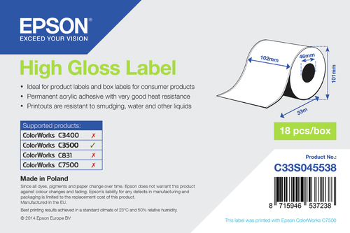 Epson High Gloss Label - Continuous Roll: 102mm x 33m. Finish type: Gloss, Compatible products: Epson ColorWorks C7500G Co