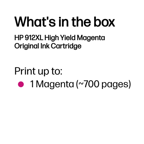 HP 912XL High Yield Magenta Original Ink Cartridge. Colour ink type: Pigment-based ink, Cartridge capacity: High (XL) Yiel