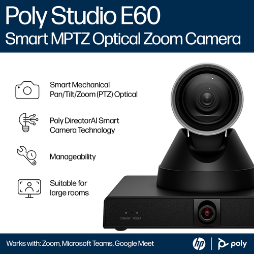 Caméra de Vidéoconférence Poly Studio E60 - 16 Mégapixels - 30 fps - Noir - USB Type B - Vidéo 3840 x 2160 - Autofocus - 7