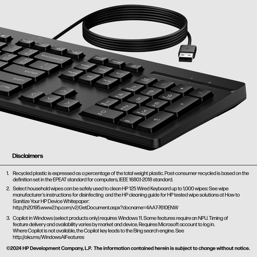 HP Clavier filaire 125. Facteur de forme du clavier: Taille réelle (100 %), Technologie de connectivité: Avec fil, Interfa