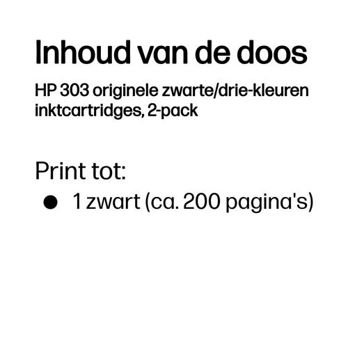 HP 303 2-pack Black/Tri-color Original Ink Cartridges. Colour ink type: Dye-based ink, Cartridge capacity: Standard Yield,