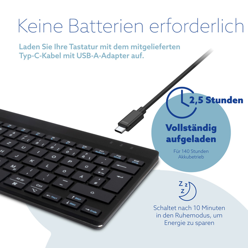 R-Go Tools Ergonomische Tastatur R-Go Compact Break, kompakte Tastatur mit Pausensoftware, QWERTZ (DE), Bluetooth, Schwarz