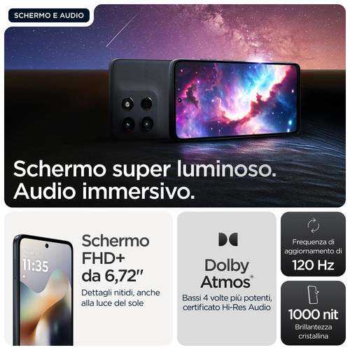 Motorola moto g56 5G . Dimensioni diagonale schermo: 17,1 cm (6.72"), Risoluzione del display: 2400 x 1080 Pixel. Frequenz