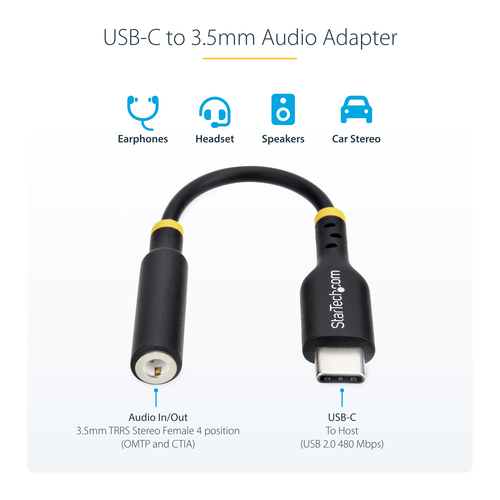 StarTech.com 5in (12.7cm) USB-C Audio Adapter to 3.5mm Headphone/Headset Jack, USB Type-C Aux Dongle, 32-bit DAC, For Lapt