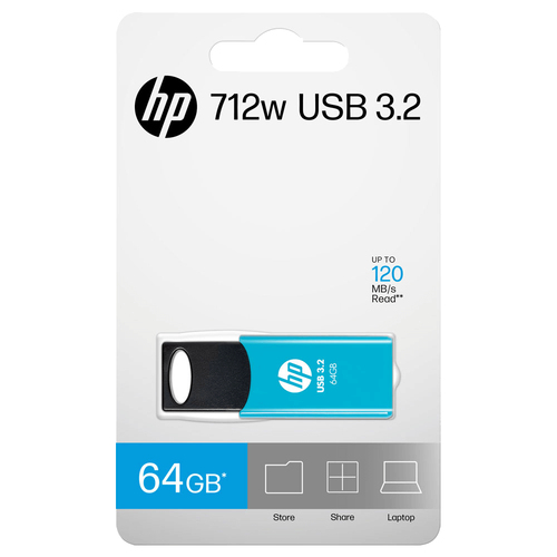 HP 712w. Capacity: 64 GB, Device interface: USB Type-A, USB version: 3.2 Gen 1 (3.1 Gen 1), Read speed: 120 MB/s. Form fac