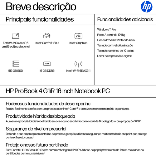 HP ProBook 4 G1iR 40,6 cm (16") Notebook - WUXGA - 60 Hz - Intel Core 5 120U - 16 GB - 512 GB SSD - Intel Chip - 1920 x 12