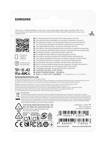 Carte microSDXC Samsung MB-MH128T - 128 Go - UHS-I (U3) - V30 - 200 Mo/s en Lecture - 130 Mo/sSpaceen Écriture