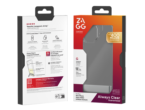 ZAGG Crystal Palace Kickstand. Etui-Typ: Cover, Markenkompatibilität: Apple, Kompatibilität: iPhone 17e/16e/15/14/13, Maxi