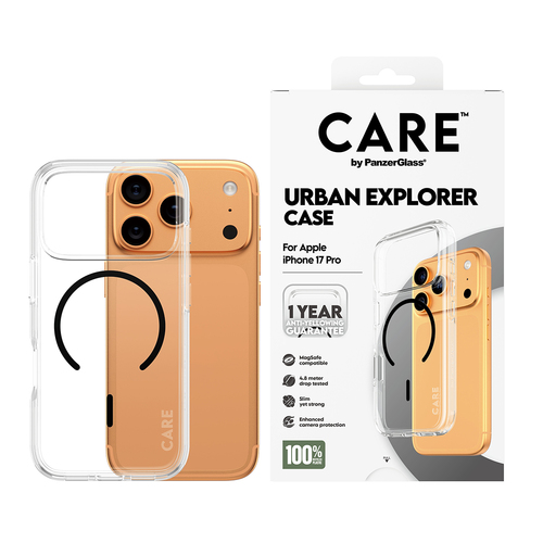PanzerGlass CARE™ by ® Urban Explorer Case Transparent w. Black MagSafe iPhone 17 Pro. Case type: Cover, Marke-Kompatibili