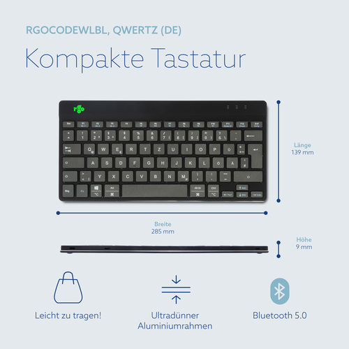 R-Go Tools Ergonomische Tastatur R-Go Compact Break, kompakte Tastatur mit Pausensoftware, QWERTZ (DE), Bluetooth, Schwarz