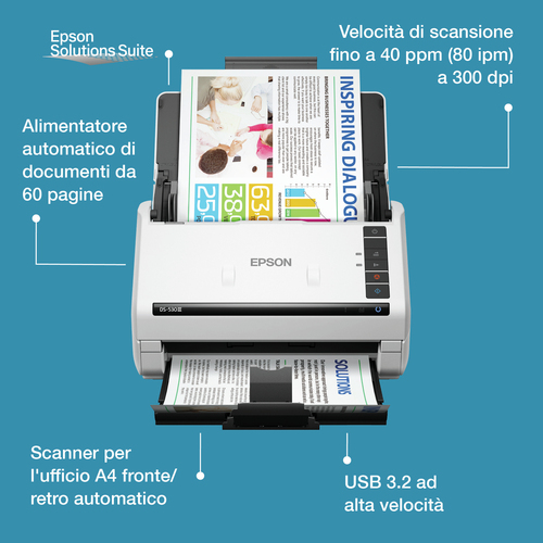 Scanner a inserimento di foglii Epson WorkForce DS-530III - 600 x 600 dpi Ottico - 30-bit Colore - Colore, Monochrom Scans