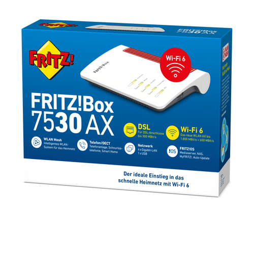 Box 7530 AX. WLAN-Band: Dual-Band (2,4 GHz/5 GHz), Top WLAN-Standard: Wi-Fi 6 (802.11ax), WLAN Datentransferrate (max.): 2