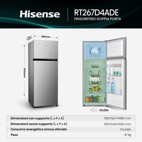 Hisense frigorifero/congelatore RT267D4ADE libera installazione 206L Classe E Profondità ridotta Porta Reversibile. Capaci