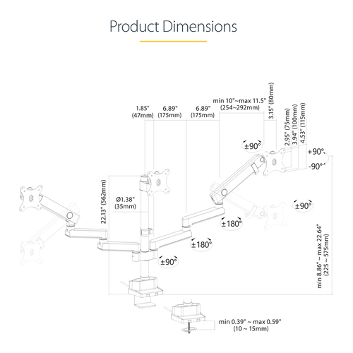 StarTech.com Triple Monitor Desk Mount For Up To Three 27in Screens, VESA 75x75/100x100, Tool-Less Arm Adjustments, C-Clam