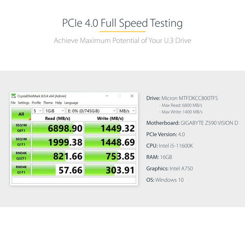 StarTech.com U.3 to PCIe Adapter Card, PCIe 4.0 x4 Adapter For 2.5" U.3 NVMe SSDs, SFF-TA-1001 PCI Express Add-in Card, TA