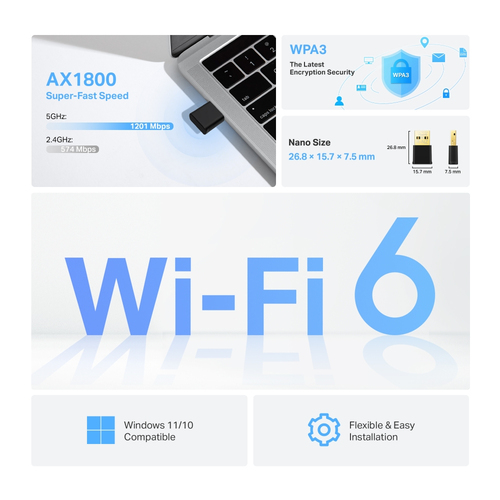 TP-Link Archer TX20U Nano AX1800 Dualband Wi-Fi Adapter für Desktop Computer - IEEE 802.11 a/b/g/n/ac/ax - USB 2.0 - 2,40 
