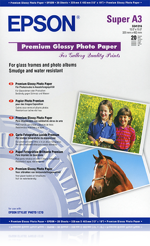 Epson Premium C13S041316 Inkjet Photo Paper - A3+ - 329 mm x 483 mm - 255 g/m² Grammage - Glossy - 20 Sheet