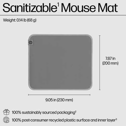 HP 105 Sanitizable Mouse Pad. Width: 230 mm, Depth: 200 mm. Product colour: Grey