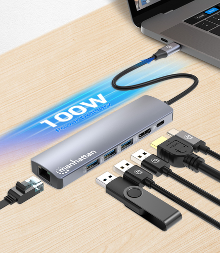 Manhattan USB Type C Docking Station for Notebook, Tablet, Monitor, Smartphone, Flash Drive, Mouse, Keyboard - Charging Ca