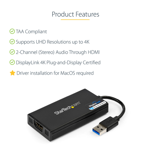 StarTech.com USB 3.0 to 4K HDMI External Multi Monitor Graphics Adapter â€" DisplayLink Certified â€" USB 3.0 Video Card â