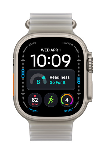 Apple Watch Ultra 4 GPS + Cellular 49mm Natural Titanium Case with Translucent Grey Ocean Band. Display technology: OLED, 