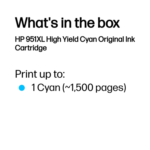 HP 951XL High Yield Cyan Original Ink Cartridge. Colour ink type: Pigment-based ink, Colour ink page yield: 1500 pages, Co