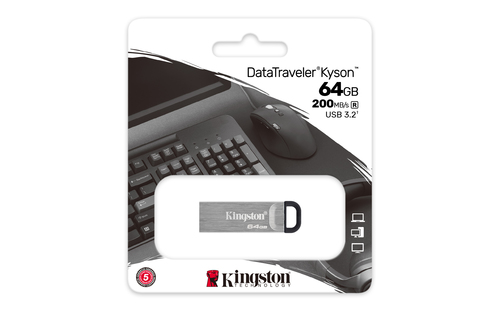 Lecteur flash Kingston DataTraveler Kyson DTKN - 64 Go - USB 3.2 (Gen 1) Type A - Argenté - 200 Mo/s Read Speed - 1 Pièce
